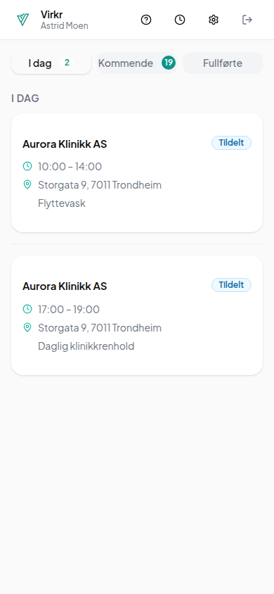Virkr mobilportal — dagens oppdrag for Astrid Moen hos Aurora Klinikk AS