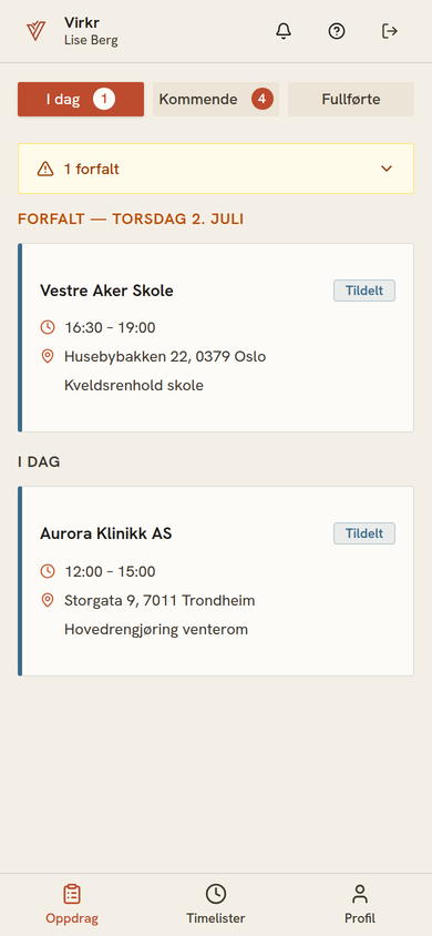 Virkr mobilportal — dagens oppdrag for Astrid Moen hos Aurora Klinikk AS